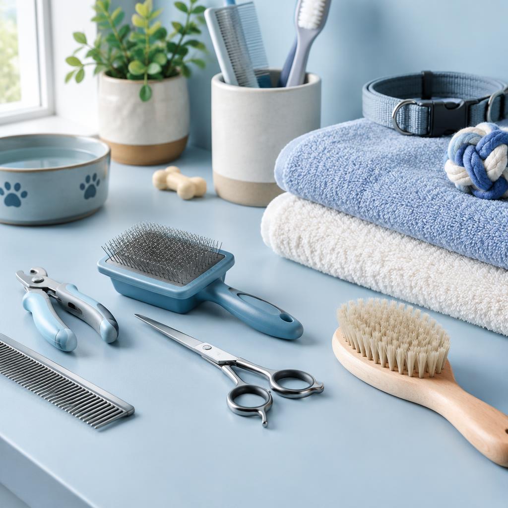 Pet grooming tools and accessories arranged on a clean counter